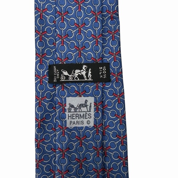 Hermes Men's Tie Equestrian Horsebits Blue/Red Silk 7084 OA 3.25